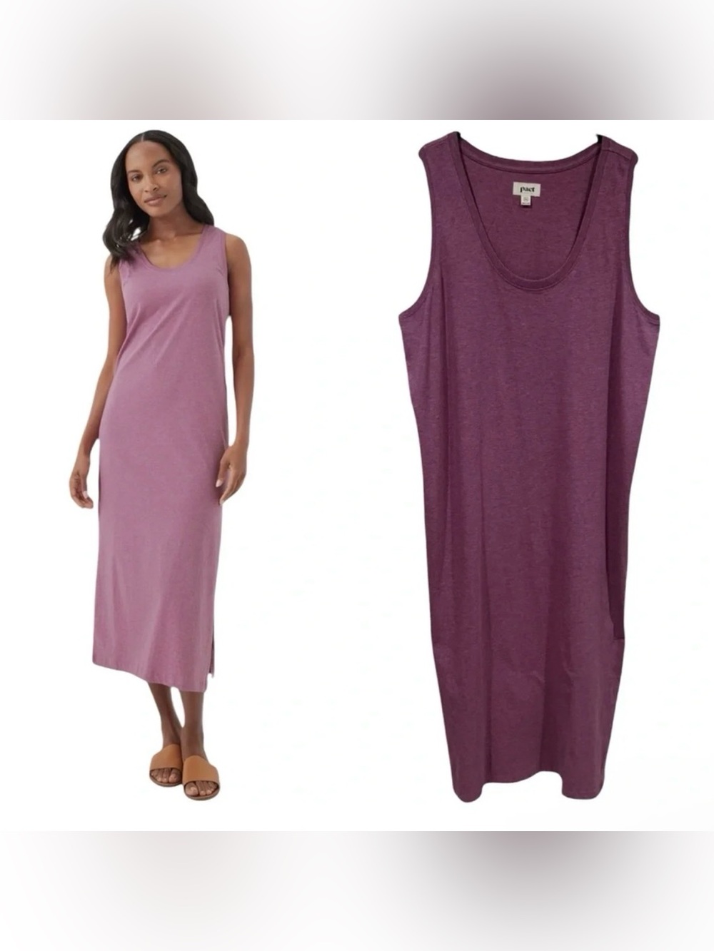 Pact Medium Mauve MIDI Tank Dress Organic Cotton Softspun Side Slit Scoop Neck